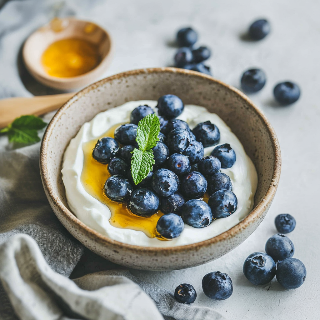 Eine Schüssel mit Joghurt, frischen Blaubeeren, Honig und einem Minzblatt.