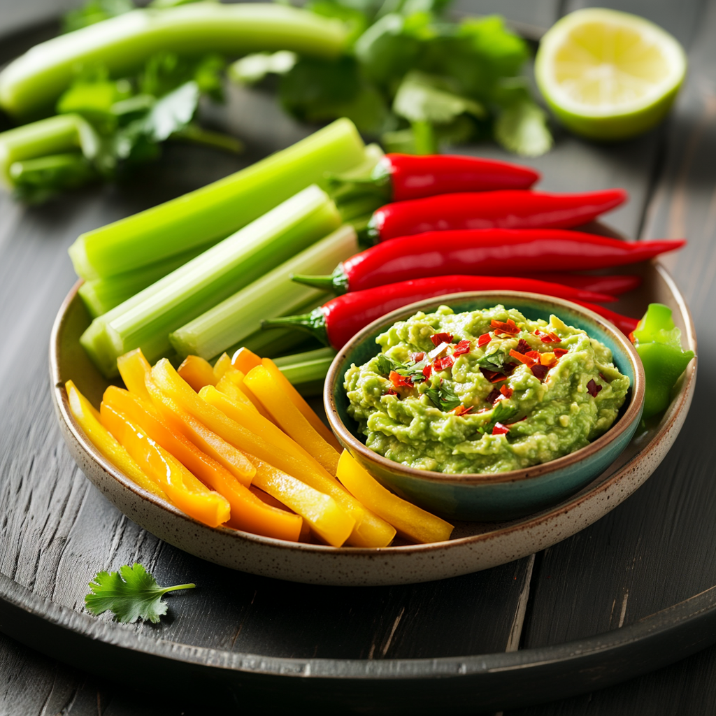 Frisches Gemüse mit Guacamole auf einem Teller. Sellerie, Paprika und Chilischoten dekorativ angerichtet.