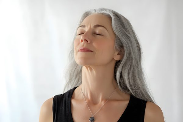 Frau mit grauen Haaren und geschlossenen Augen sieht entspannt aus.