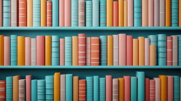 Bunte Bücher in verschiedenen Größen und Farben stehen geordnet in einem Regal.