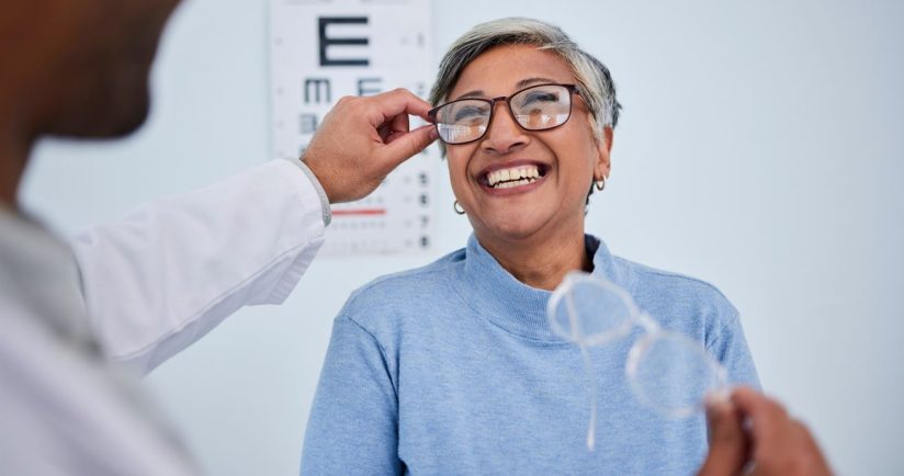 Eine lächelnde Person erhält eine Augenuntersuchung und probiert eine Brille an.