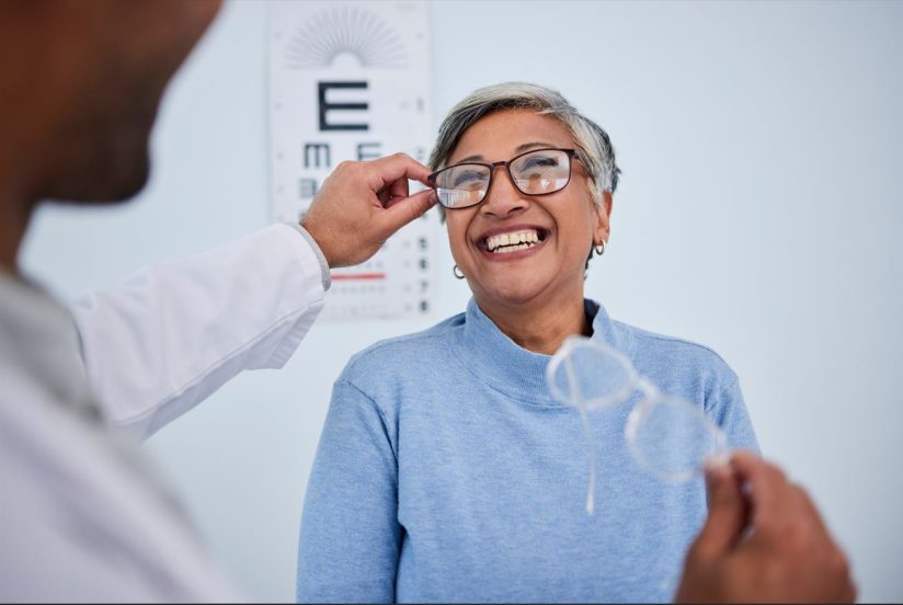 Eine lächelnde Person erhält eine Augenuntersuchung und probiert eine Brille an.