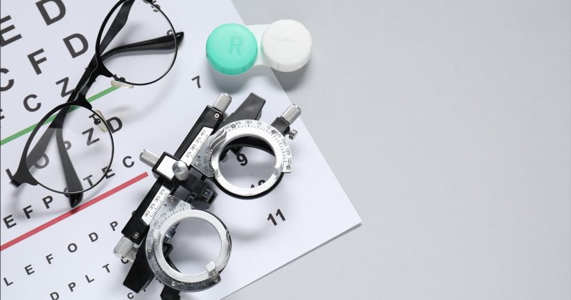 Brille, Sehtafel, Kontaktlinsenbehälter und Phoropter auf grauem Hintergrund.