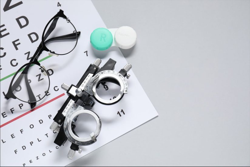 Brille, Sehtafel, Kontaktlinsenbehälter und Phoropter auf grauem Hintergrund.