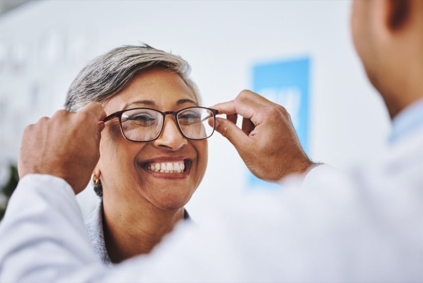 Eine lächelnde Person bekommt von einem Optiker eine Brille angepasst.